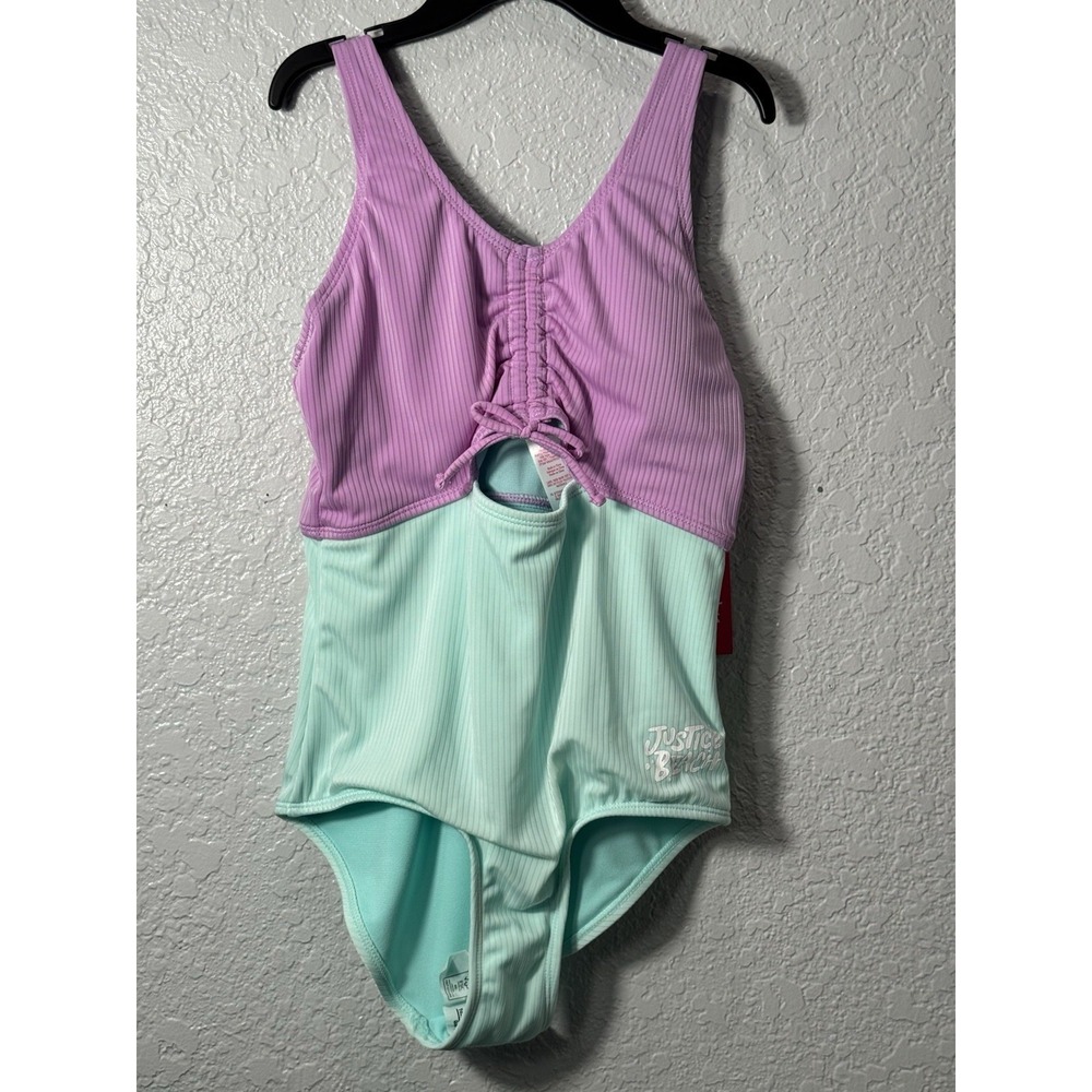 Justice Girls Size LG cutout color block One-Piece Swimsuit Ribbed  Purple/Turqu